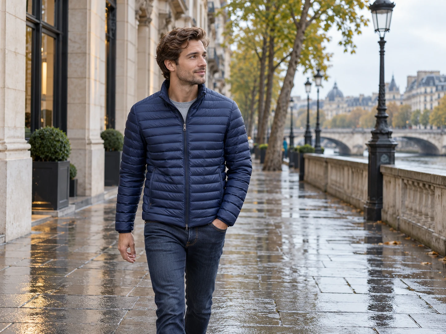A city pedestrian wearing a lightweight navy down jacket with narrow horizontal quilting on a wet street