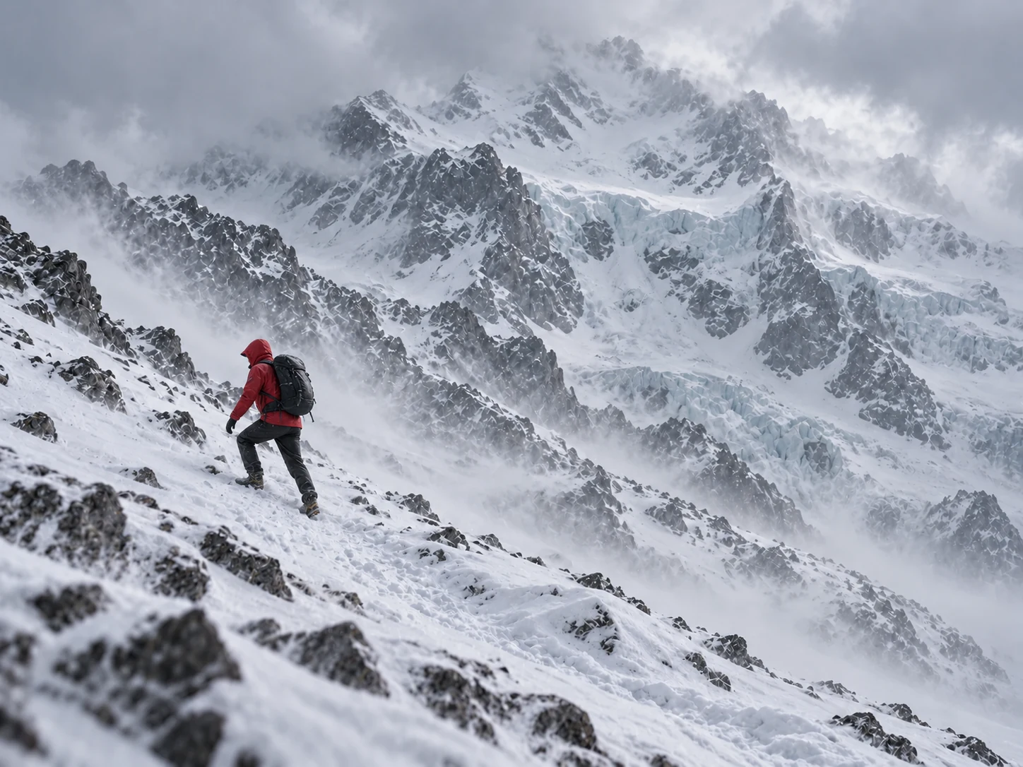 Distant red-jacketed mountaineer in windblown snow beneath an immense snow-covered mountain face